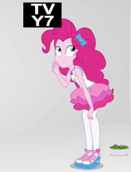Size: 484x632 | Tagged: safe, edit, edited screencap, screencap, pinkie pie, equestria girls, equestria girls specials, g4, my little pony equestria girls: better together, my little pony equestria girls: rollercoaster of friendship, animated, breaking the fourth wall, clothes, cropped, cutie mark, cutie mark on clothes, female, food, fourth wall, geode of sugar bombs, magical geodes, reversed, salad, she knows, smiling, solo, tank top, tv rating, tv-y7