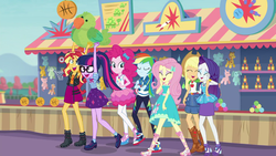 Size: 1920x1080 | Tagged: safe, screencap, applejack, fluttershy, pinkie pie, rainbow dash, rarity, sci-twi, sunset shimmer, twilight sparkle, parakeet, equestria girls, equestria girls specials, g4, my little pony equestria girls: better together, my little pony equestria girls: rollercoaster of friendship, best friends, boots, clothes, converse, feet, fluttershy boho dress, geode of empathy, geode of fauna, geode of shielding, geode of sugar bombs, geode of super speed, geode of super strength, geode of telekinesis, humane five, humane seven, humane six, magical geodes, plushie, rarity peplum dress, sandals, shipping fuel, shoes, sneakers