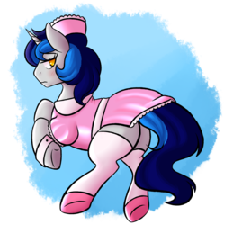 Size: 2500x2500 | Tagged: safe, artist:fannytastical, oc, oc only, oc:cappie, pony, unicorn, blushing, clothes, crossdressing, high res, maid, male, satin, shiny, shoes, silk, simple background, sissy, solo, stallion, stockings, thigh highs, transparent background, uniform