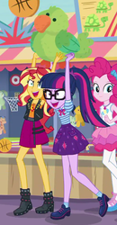 Size: 525x1010 | Tagged: safe, screencap, pinkie pie, sci-twi, sunset shimmer, twilight sparkle, parakeet, equestria girls, equestria girls series, g4, my little pony equestria girls: rollercoaster of friendship, cropped, female, geode of empathy, geode of sugar bombs, geode of telekinesis, plushie, ponytail