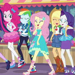 Size: 801x802 | Tagged: safe, screencap, applejack, fluttershy, pinkie pie, rainbow dash, rarity, equestria girls, equestria girls specials, g4, my little pony equestria girls: better together, my little pony equestria girls: rollercoaster of friendship, boots, clothes, converse, cropped, eyes closed, feet, female, geode of fauna, geode of shielding, geode of super speed, geode of super strength, laughing, magical geodes, rarity peplum dress, sandals, shipping fuel, shoes, smiling, sneakers