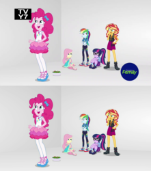 Size: 955x1078 | Tagged: safe, screencap, fluttershy, pinkie pie, rainbow dash, sci-twi, sunset shimmer, twilight sparkle, equestria girls, equestria girls specials, g4, my little pony equestria girls: better together, my little pony equestria girls: rollercoaster of friendship, breaking the fourth wall, comparison, converse, discovery family logo, female, food, fourth wall, geode of empathy, geode of fauna, geode of sugar bombs, geode of super speed, magical geodes, reversed, salad, shoes, smiling, tv rating, tv-y7
