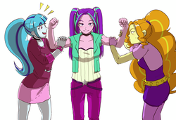 Size: 3897x2671 | Tagged: safe, artist:amazingpuffhair, adagio dazzle, aria blaze, sonata dusk, equestria girls, g4, aria brute, aria buff, belt, blushing, clothes, commission, female, high res, leggings, muscles, pants, pigtails, ponytail, showing off, simple background, skirt, the dazzlings, twintails, white background
