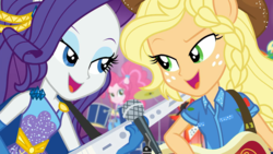 Size: 1920x1080 | Tagged: safe, screencap, applejack, pinkie pie, rarity, equestria girls, equestria girls specials, g4, my little pony equestria girls: better together, my little pony equestria girls: rollercoaster of friendship, photo booth, ponied up, shipping fuel, singing