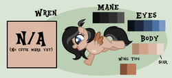 Size: 1369x627 | Tagged: safe, artist:ipandacakes, oc, oc only, oc:wren, pegasus, pony, adopted offspring, amputee, female, filly, parent:apple bloom, parent:tender taps, parents:tenderbloom, reference sheet, solo