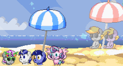 Size: 722x386 | Tagged: safe, artist:sonicboy112, derpy hooves, dinky hooves, night light, princess flurry heart, shining armor, twilight velvet, alicorn, pony, unicorn, g4, animated, beach, beach umbrella, cloud, father and daughter, father and son, female, male, mother and daughter, mother and son, pixel art, sky, sunglasses, water