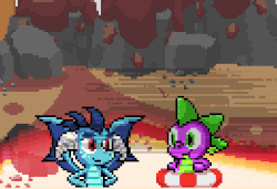 Size: 390x266 | Tagged: safe, artist:sonicboy112, princess ember, spike, dragon, g4, animated, female, lava, pixel art