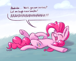 Size: 1920x1536 | Tagged: safe, artist:dsp2003, pinkie pie, earth pony, pony, g4, 30 minute art challenge, bender bending rodríguez, blushing, cloud, comic, crying, ear fluff, eyes closed, female, futurama, laughing, male, mare, oh wait you're serious, on back, scene interpretation, single panel, solo, tears of laughter, underhoof