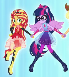 Size: 464x519 | Tagged: safe, screencap, sci-twi, sunset shimmer, twilight sparkle, equestria girls, equestria girls specials, g4, my little pony equestria girls: better together, my little pony equestria girls: rollercoaster of friendship, cropped, holding hands, ponied up, sci-twilicorn, shipping fuel