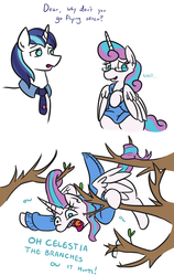 Size: 751x1187 | Tagged: safe, artist:jargon scott, princess flurry heart, shining armor, alicorn, pony, unicorn, g4, braces, clothes, father and child, father and daughter, female, glasses, male, mare, necktie, nerd, nerdy heart, older, older flurry heart, parent and child, simple background, stallion, stuck, sweater, tree, wardrobe malfunction, white background