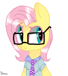 Size: 459x512 | Tagged: safe, artist:kilka-chan-yana, fluttershy, pegasus, pony, semi-anthro, g4, beanbrows, clothes, eyebrows, female, glasses, necktie, shirt, simple background, solo, white background