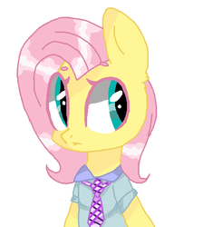 Size: 459x512 | Tagged: safe, artist:kilka-chan-yana, fluttershy, pegasus, pony, semi-anthro, g4, beanbrows, clothes, eyebrows, female, necktie, shirt, simple background, solo, white background