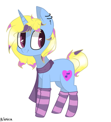 Size: 850x935 | Tagged: safe, artist:kilka-chan-yana, oc, oc only, pony, unicorn, clothes, ear piercing, earring, jewelry, piercing, scarf, simple background, smiling, socks, solo, striped socks, white background