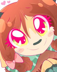 Size: 3218x4096 | Tagged: safe, artist:sohmasatori, yona, yak, g4, blush sticker, blushing, bow, cheek fluff, close-up, cute, female, hair bow, heart, high res, looking at you, monkey swings, smiling, solo, yonadorable