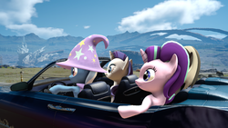 Size: 1280x720 | Tagged: safe, artist:oz the pony, edit, edited screencap, screencap, rarity, starlight glimmer, trixie, oc, pony, unicorn, g4, 3d, car, final fantasy, final fantasy xv, scenery, sitting, source filmmaker, video game