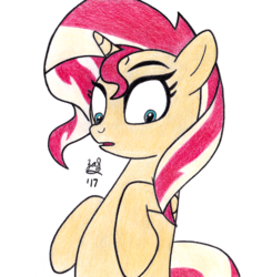 Size: 4680x4784 | Tagged: safe, artist:zachattackj, sunset shimmer, pony, unicorn, equestria girls, equestria girls specials, g4, my little pony equestria girls: mirror magic, absurd resolution, bipedal, female, looking down, mare, open mouth, simple background, solo, traditional art, white background