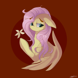 Size: 800x800 | Tagged: safe, artist:dddreamdraw, fluttershy, pegasus, pony, g4, bust, female, floppy ears, flower, hoof hold, looking away, mare, portrait, sad, simple background, solo, three quarter view, wings