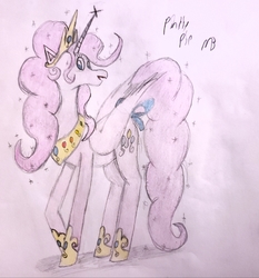 Size: 2818x3024 | Tagged: safe, artist:kobaltsteel, pinkie pie, alicorn, pony, g4, alicornified, bow, crown, female, high res, jewelry, necklace, pinkiecorn, princess of chaos, race swap, regalia, solo, tail bow, traditional art, xk-class end-of-the-world scenario