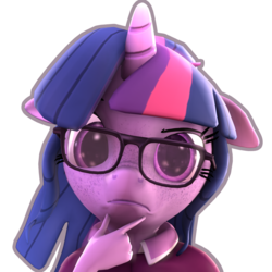 Size: 1962x1962 | Tagged: safe, artist:imafutureguitarhero, sci-twi, twilight sparkle, unicorn, anthro, g4, 3d, alternate hairstyle, bust, clothes, contemplating, digital art, emoji, female, floppy ears, freckles, glasses, hand on chin, horn, looking at you, mare, meme, nose wrinkle, outline, raised eyebrow, shirt, simple background, solo, source filmmaker, square, thinking, transparent background, unicorn sci-twi, 🤔