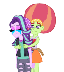 Size: 2000x2264 | Tagged: safe, artist:ktd1993, starlight glimmer, tree hugger, equestria girls, g4, afro, alternate hairstyle, comfort, comforting, crying, female, high res, hug, lesbian, sad, shipping, simple background, starhugger, transparent background