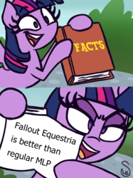 Size: 760x1015 | Tagged: safe, artist:quarium edits, twilight sparkle, alicorn, pony, fallout equestria, g4, book, ed edd n eddy, exploitable meme, meme, twilight sparkle (alicorn), twilight's fact book, unpopular opinion, unpopular opinions