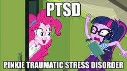 Size: 1280x720 | Tagged: safe, edit, edited screencap, screencap, pinkie pie, sci-twi, twilight sparkle, equestria girls, g4, my little pony equestria girls: better together, stressed in show, stressed in show: pinkie pie, book, caption, female, geode of sugar bombs, geode of telekinesis, image macro, lockers, meme, prank, ptsd, scared, text