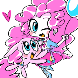 Size: 800x800 | Tagged: safe, artist:yang0, pinkie pie, human, pony, equestria girls, g4, balloon, clothes, cute, diapinkes, female, heart, human ponidox, looking at you, moe, one eye closed, ponk, self ponidox, shirt, simple background, skirt, square crossover, white background, wink