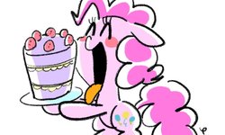 Size: 1000x600 | Tagged: safe, artist:yang0, pinkie pie, earth pony, pony, g4, cake, female, food, mare, open mouth, plate, simple background, solo, white background