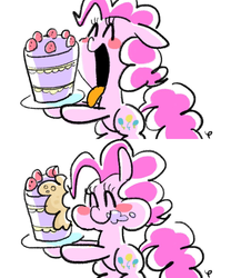 Size: 1000x1200 | Tagged: safe, artist:yang0, edit, pinkie pie, earth pony, pony, g4, cake, cute, diapinkes, eating, female, food, mare, open mouth, plate, ponk, simple background, solo, white background
