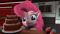 Size: 1920x1080 | Tagged: safe, artist:zsnowfilez, pinkie pie, earth pony, pony, g4, 3d, cake, cupcake, cute, diapinkes, female, food, solo, tongue out