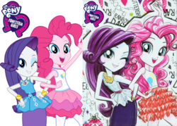 Size: 1745x1247 | Tagged: safe, artist:luisstormcardoso, artist:ritalux, edit, pinkie pie, rarity, equestria girls, g4, my little pony equestria girls: better together, official, clothes, comparison, equestria girls logo, geode of shielding, geode of sugar bombs, hasbro logo, logo, logo edit, magazine scan, my little pony logo, one eye closed, pose, poster, rah rah skirt, rarity peplum dress, simple background, skirt, smiling, transparent background, wink