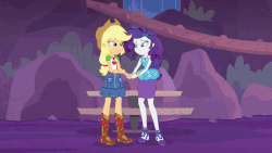 Size: 800x450 | Tagged: safe, screencap, applejack, rarity, equestria girls, equestria girls series, g4, rollercoaster of friendship, adventure in the comments, animated, best friends, blushing, clothes, cute, duo, female, gem, geode of shielding, geode of super strength, hug, jacket, jewelry, just friends, park, rarity peplum dress, reunited, shipping fuel