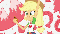 Size: 800x450 | Tagged: safe, screencap, applejack, spike, spike the regular dog, sunset shimmer, dog, equestria girls, g4, my little pony equestria girls: better together, animated, clothes, converse, geode of empathy, geode of super strength, grin, happy, intro, lifting, ponied up, shoes, smiling, transformation