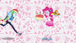 Size: 800x450 | Tagged: safe, screencap, pinkie pie, rainbow dash, equestria girls, g4, my little pony equestria girls: better together, animated, cake, clothes, converse, cookie, duo, female, food, intro, pantyhose, ponied up, shoes, wings