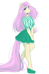 Size: 1024x1536 | Tagged: safe, artist:thenightdarksecret, fluttershy, anthro, plantigrade anthro, g4, clothes, cute, dress, female, green dress, jewelry, legs, looking at you, miniskirt, moe, necklace, pleated skirt, pose, shoes, simple background, skirt, solo, white background
