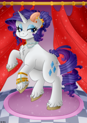Size: 1024x1448 | Tagged: safe, artist:sk-ree, rarity, pony, g4, alternate hairstyle, bracelet, ear piercing, earring, female, jewelry, necklace, piercing, rearing, solo