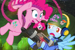 Size: 1024x683 | Tagged: safe, artist:pixelkitties, pinkie pie, rainbow dash, earth pony, pegasus, pony, xenomorph, g4, alien (franchise), crossover, duct tape, female, flamethrower, full metal jacket, gun, m240 incinerator unit, m41a pulse rifle, mare, rifle, show accurate, weapon