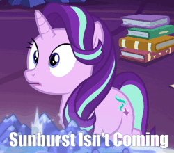 Size: 786x691 | Tagged: safe, edit, edited screencap, screencap, starlight glimmer, sunburst, pony, g4, shadow play, animated, cropped, cutie mark, disappointed, female, floppy ears, gif, implied sunburst, looking down, meme, sad, sadlight glimmer, solo, sunburst is coming, text