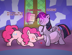 Size: 1300x1000 | Tagged: safe, artist:goodie-bag, derpibooru exclusive, pinkie pie, twilight sparkle, alicorn, earth pony, pony, g4, belly, big belly, blushing, book, cute, cutie mark, dialogue, door, female, heart, kicking, lesbian, levitation, magic, magic aura, magical lesbian spawn, mama twilight, mare, multiple pregnancy, offspring, paint.net, poking, preglight sparkle, pregnant, reading, ship:twinkie, shipping, smiling, talking, telekinesis, text, twilight sparkle (alicorn), twilight's castle, wings