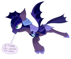 Size: 3000x2489 | Tagged: safe, artist:moonatik, bat pony, pony, g4, alternate timeline, armor, atg 2018, dialogue, female, flying, guardsmare, helmet, high res, hoof shoes, mare, newbie artist training grounds, night guard, nightmare takeover timeline, royal guard, simple background, solo, spread wings, the elder scrolls, transparent background, video game reference, wings