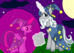 Size: 2000x1414 | Tagged: safe, artist:php185, star swirl the bearded, twilight sparkle, alicorn, pony, unicorn, g4, book, duo, female, force field, glowing horn, horn, magic, male, mare, moon, stallion, star swirl the bearded costume, stars, twilight sparkle (alicorn)