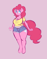 Size: 1856x2312 | Tagged: safe, artist:funble, pinkie pie, earth pony, anthro, unguligrade anthro, g4, breasts, busty pinkie pie, clothes, daisy dukes, female, shorts, solo, thick