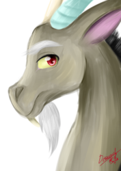 Size: 1024x1446 | Tagged: safe, artist:xxdestinyrosexx, discord, draconequus, g4, bust, looking at you, male, portrait, side view, signature, simple background, solo, transparent background