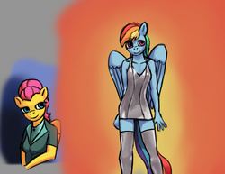 Size: 1280x989 | Tagged: safe, alternate version, artist:warskunk, fluttershy, rainbow dash, pegasus, anthro, g4, clothes, dress, duo, female, gradient background, latex, latex dress, latex socks, looking at you, mare, socks, wings