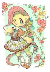 Size: 716x1024 | Tagged: safe, artist:osawari64, artist:yanamosuda, fluttershy, pegasus, pony, g4, bipedal, clothes, collaboration, cute, dress, female, flower, mare, one eye closed, puffy sleeves, shoes, shyabetes, socks, solo
