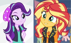 Size: 1436x871 | Tagged: safe, edit, screencap, starlight glimmer, sunset shimmer, equestria girls, equestria girls specials, g4, my little pony equestria girls: better together, my little pony equestria girls: mirror magic, my little pony equestria girls: rollercoaster of friendship, adorable face, beanie, cute, hat, smiling