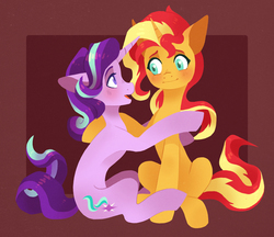 Size: 1921x1659 | Tagged: safe, artist:koviry, starlight glimmer, sunset shimmer, pony, unicorn, g4, blushing, duo, female, looking at each other, mare, open mouth, sitting, speedpaint available