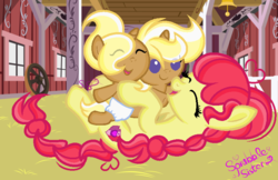 Size: 775x503 | Tagged: safe, artist:101xsplattyx101, apple bloom, oc, oc:apple cotton, oc:lucky clover, pony, g4, aunt and niece, baby, baby pony, diaper, offspring, older, on back, parent:applejack, parent:trenderhoof, parents:trenderjack