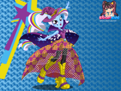 Size: 795x598 | Tagged: safe, artist:user15432, trixie, equestria girls, g4, rainbow rocks, boots, cape, clothes, dress, dressup, dressup game, hat, high heel boots, high heels, ponied up, pony ears, rainbow hair, rainbow rocks outfit, rock and roll, shoes, solo, starsue, trixie's cape, trixie's hat