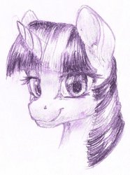 Size: 800x1077 | Tagged: safe, artist:thatonegib, twilight sparkle, pony, unicorn, g4, bust, eyelashes, female, horn, looking at you, mare, monochrome, multicolored hair, pencil drawing, portrait, simple background, smiling, solo, traditional art, white background